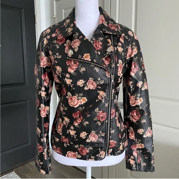 BB Dakota Black Pink Floral Rose Soft Leather Moto Jacket - Picture 10 of 13